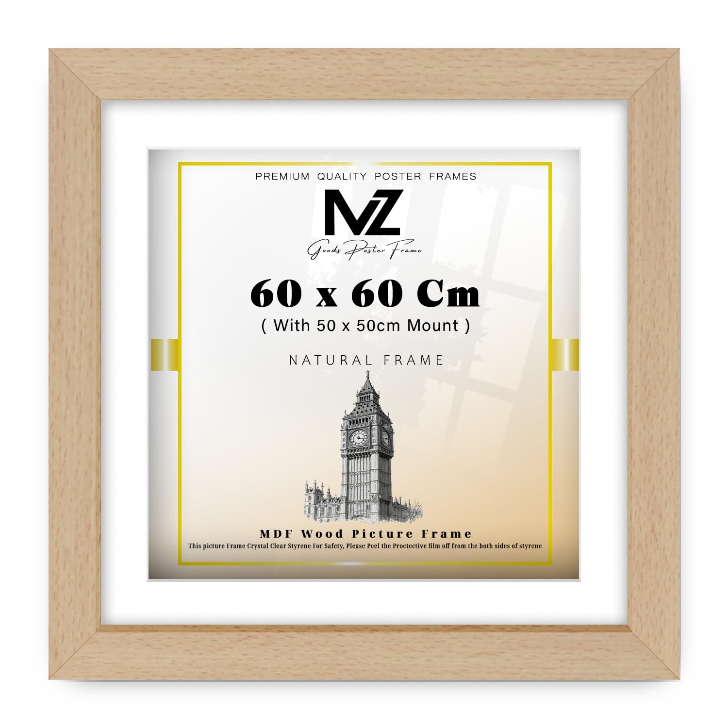 Mz Goods Beech | Mdf Elegant Certificate Frame (60 X 60 Cm) With 500 X 500 Mm White Mount Engineered Wood | 24 X 24 Diploma, Art Print, Picture, Home & Gallery Frame [ ]