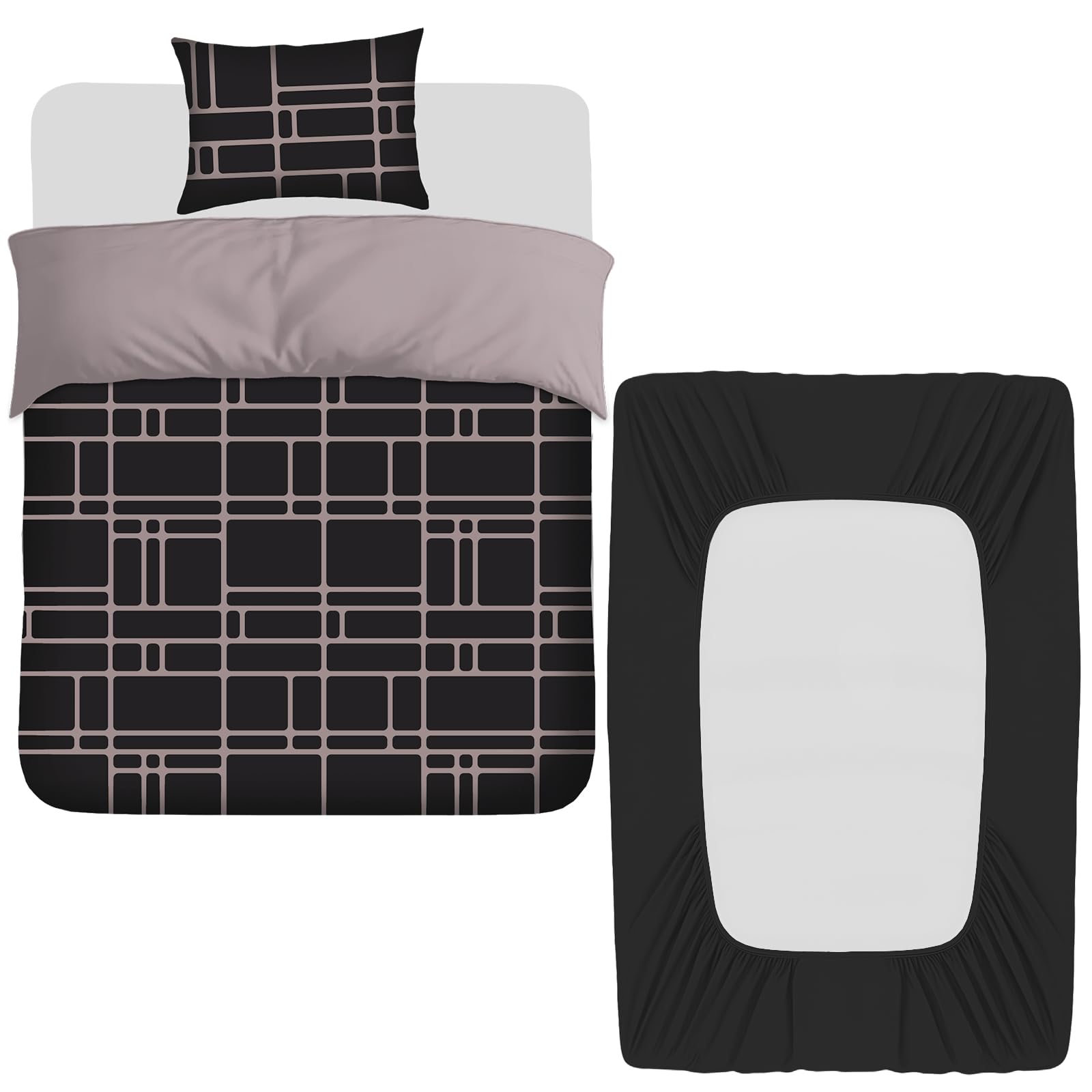 Pamposh 3 Pcs Single Duvet Cover Set with Matching Black Single Fitted Sheet 40 cm Extra Deep Pocket - UltraSoft Breathable Premium Microfibre Reversible Quilt Cover Bedding Set For All Seasons