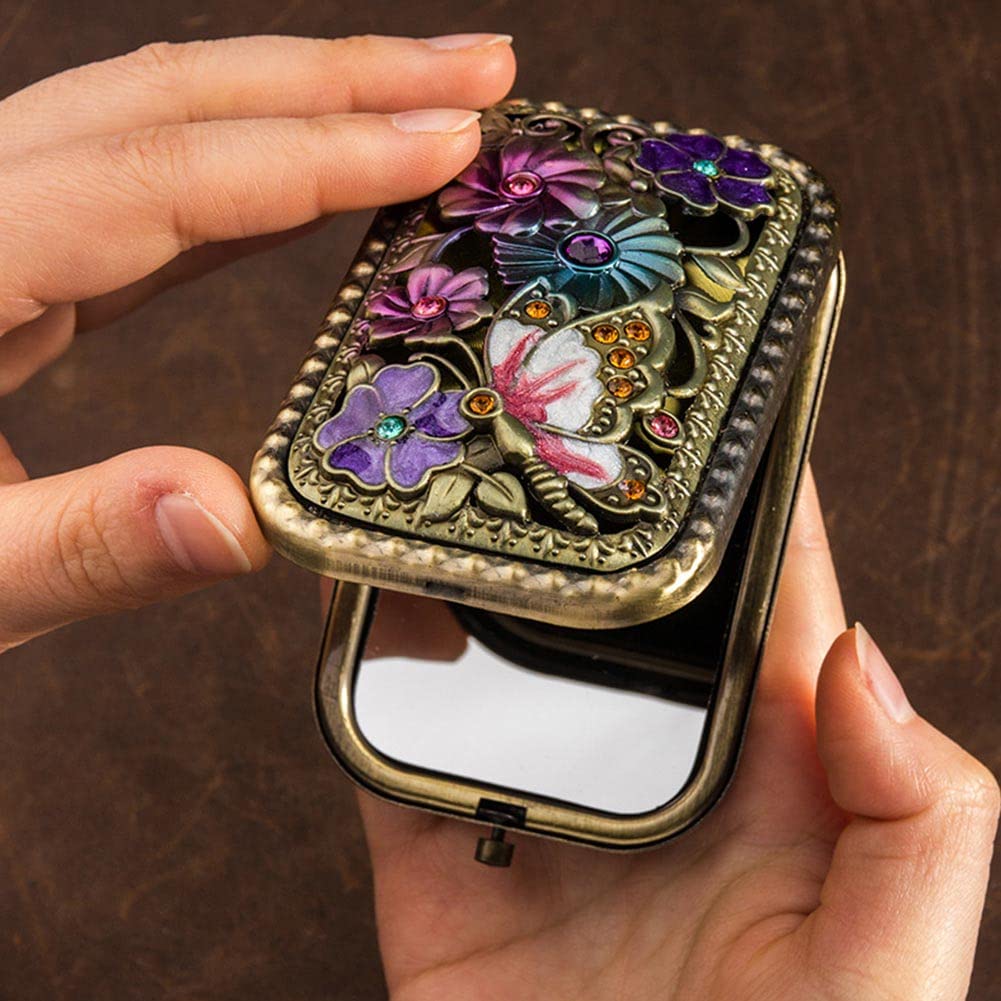 Mini specchio tascabile, specchio da borsa retrò a fiori, specchio cosmetico portatile doppio lato, specchio tascabile pieghevole antico, per donne ragazze donne cosmetici acconciatura regalo di