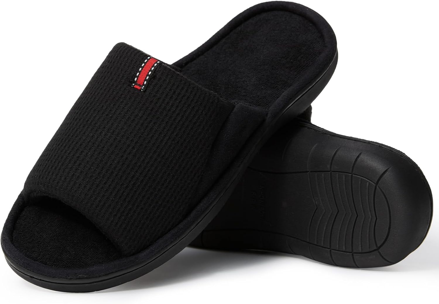 Men’s Open-Toe Slippers for Indoors – Breathable Waffle Weave & Terry Lined House Shoes with Memory Foam, Machine Washable, Non-Slip Sole, Comfort Fit for Wide Feet