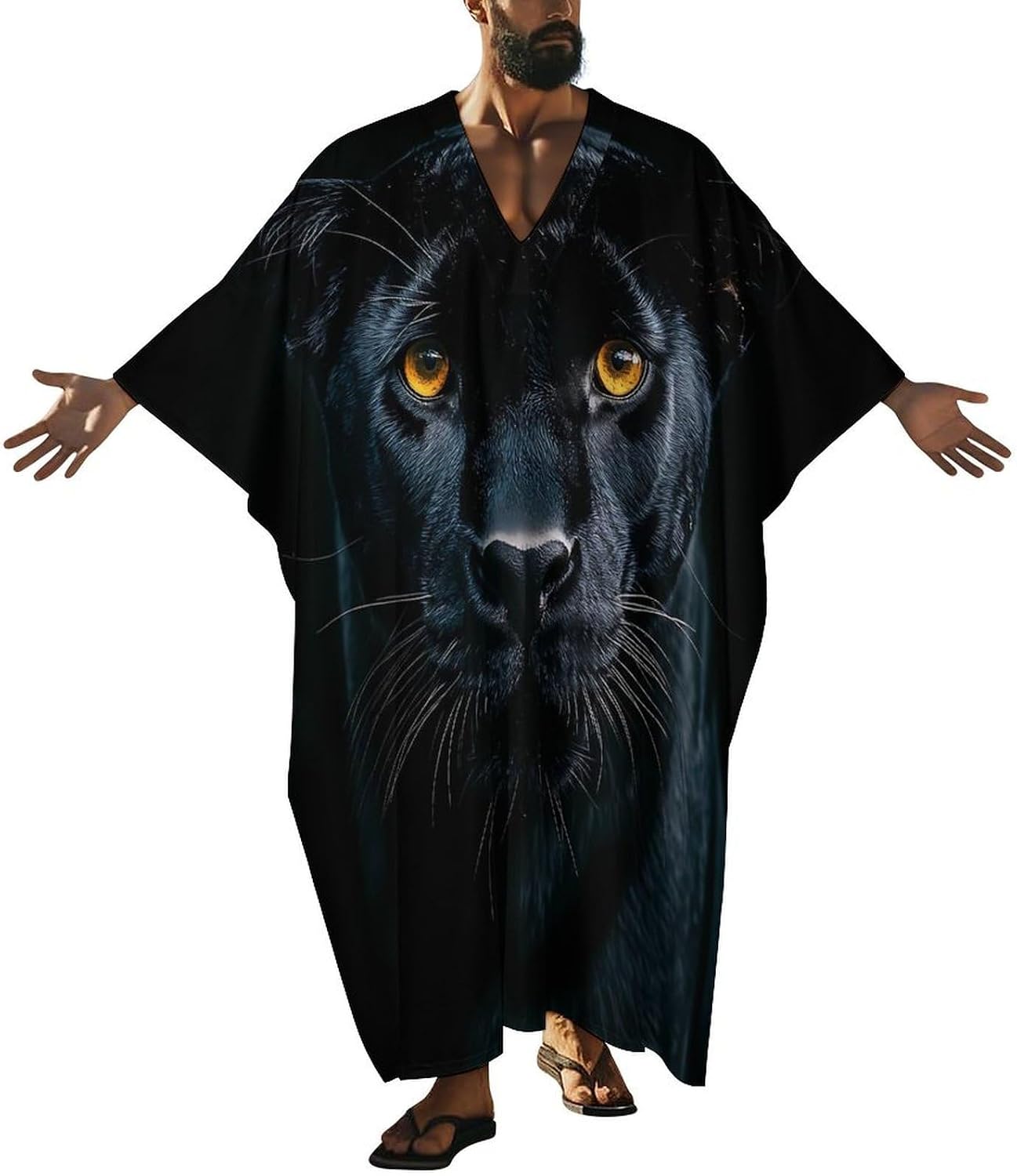 Panthers In The Dark Men's Kaftan Thobe V-Neck Long Gown Loose Robe