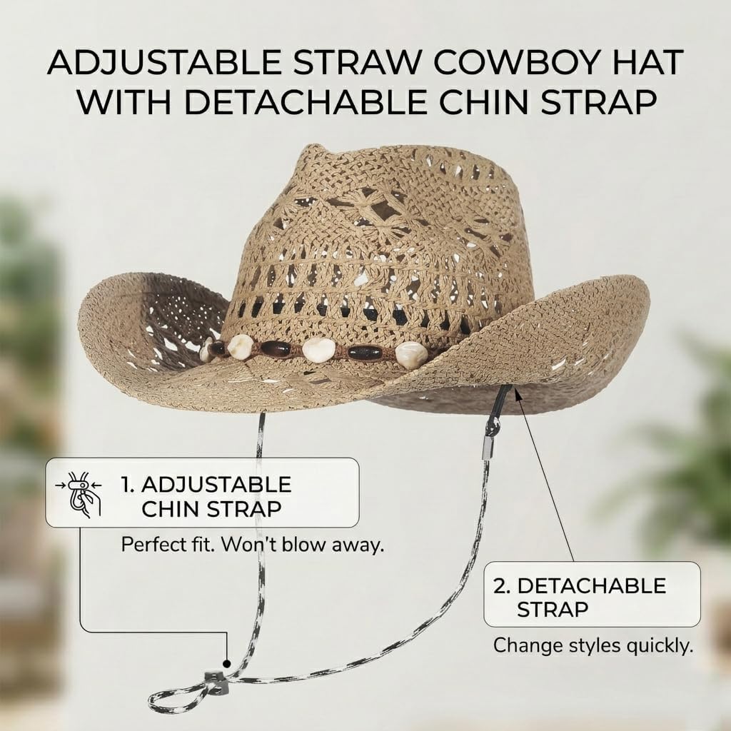 Straw Cowboy Cowgirl Hat for Women Men Hollow Out Wide Brim Summer Beach Sun Hat with Chin Strap