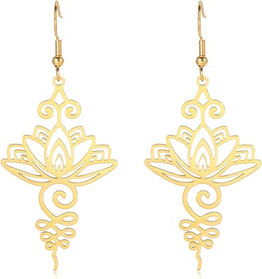 kkjoy Lotus Unalome Necklace Stainless Steel Lotus Flower Yoga Symbol Drop Earrings Inspirational Buddhism Jewelry for Women