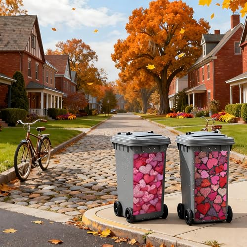 Image of 2 PC Trash Can Sticker 14.57 x 32.28 Inch Pink Mosaic Heart Design Vinyl Sticker with Stone Path and Romantic Pattern for Outdoor Garbage Bin Garden Yard Driveway Home Decor
