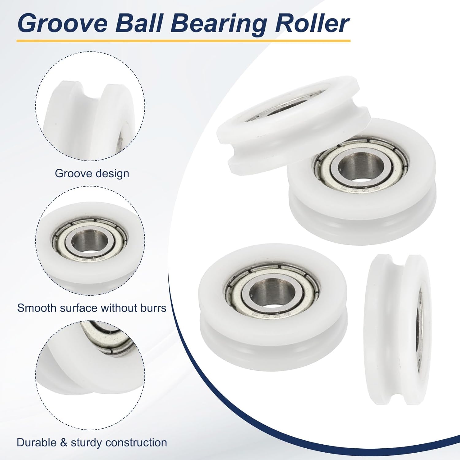 MECCANIXITY U Groove Ball Bearing Roller, 6 x 21 x 7mm Nylon Pulley Guide Wheel Stainless Steel Track Wheel Heavy Duty Replacement for Slide Door Window Mechanical Equipment, White Pack of 4