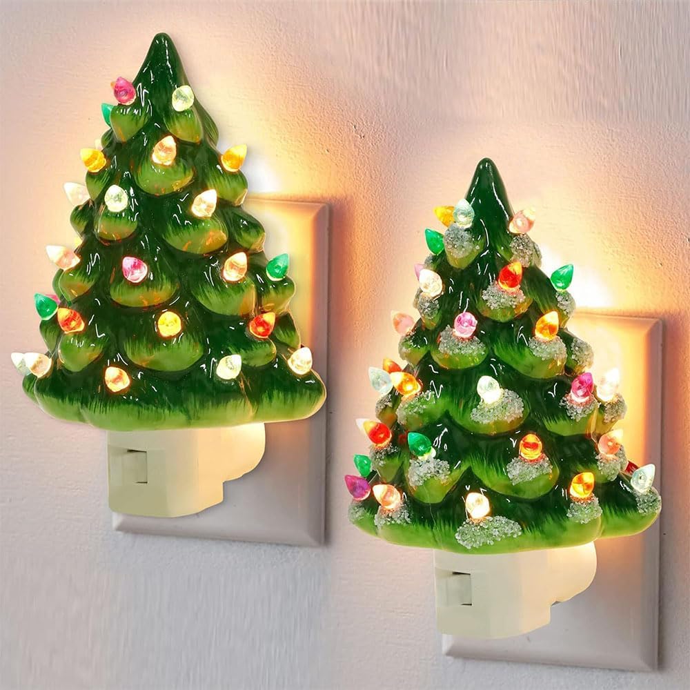 Christmas Tree Night Light, Vintage Ceramic Christmas Tree Night Light, 6" Decorative Holiday Tabletop Lamp with ON/Off Switch for Bedroom, Living Room Xmas Decor (2-Pack)