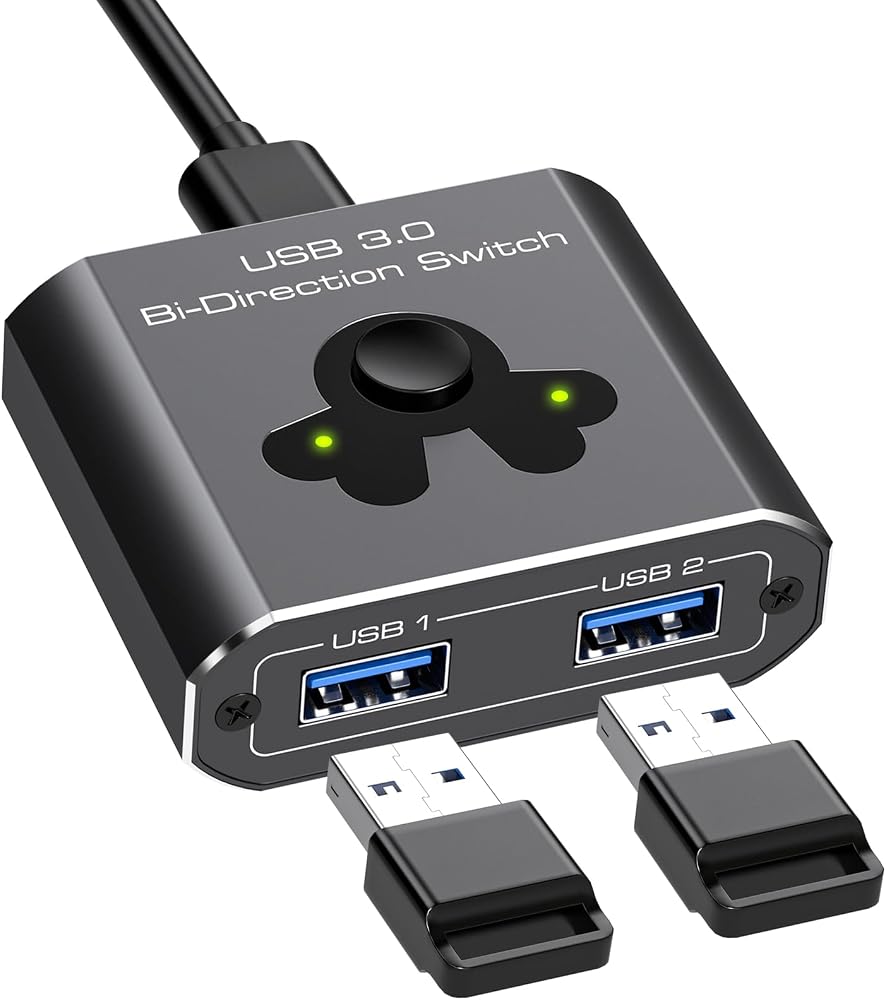 USB 3.0 Peripheral Switch Selector, Bi‑Directional 2‑Port USB Sharing Switch 2 in 1 Out 1 in 2 Out for Two Laptops Desktops Share Printer Keyboard Mouse USB Drive, 5Gbps Plug & Play No Driver — 사진 1