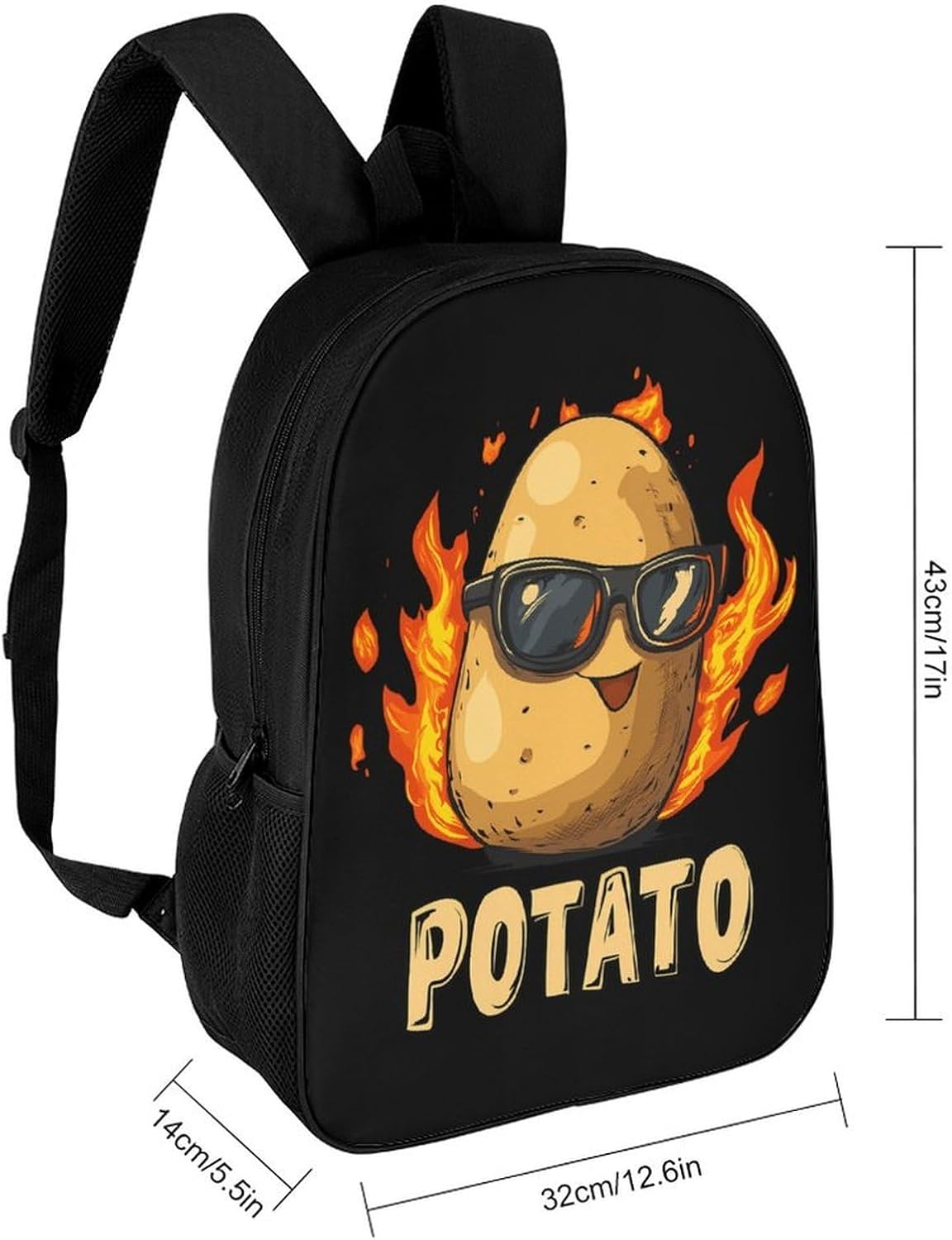 Cool Potato with Flames Unisex Backpack 17" Casual Daypacks Simple Shoulders Bag for Camping Hiking Travel Gear
