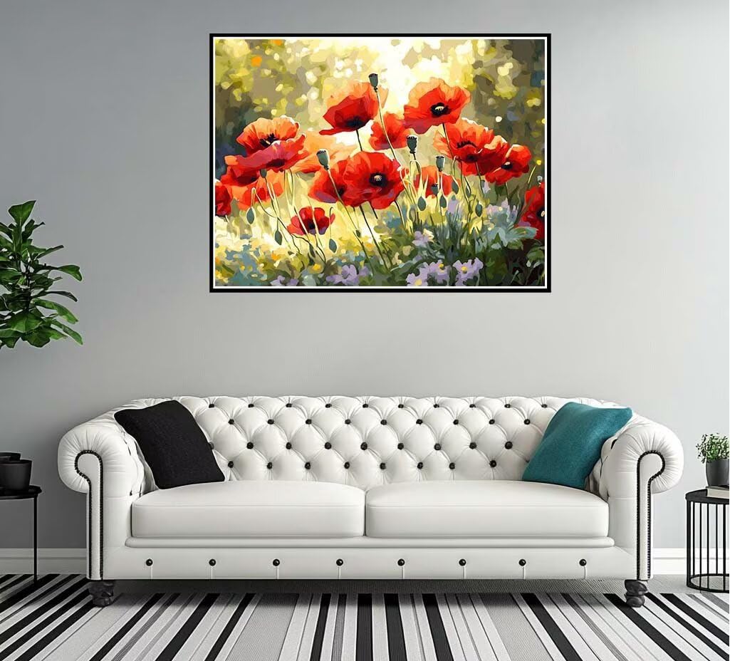Malen Nach Zahlen Erwachsene Mohnblumen Blumen, Malen Nach Zahlen mit Pinseln und Acrylfarben, DIY Paint by Numbers 90 x 60 cm, Malen-Nach-Zahlen für Anfänger, Home Wand Decor (Ohne Rahmen) -YH121