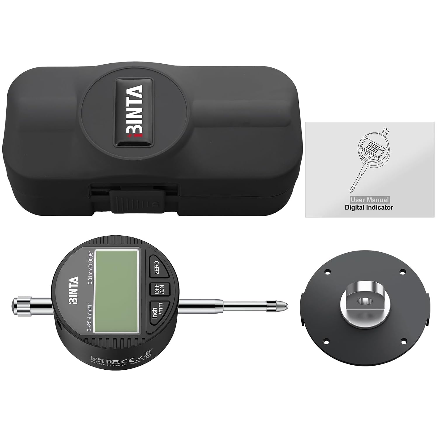 BINTA Digital Dial Indicator 1inch/0.0005inch, Digital Indicator Black | LCD Screen Zinc Alloy Digital Indicator with Rear Cover for Industrial,Mechanical, 3D, Laboratory Settings