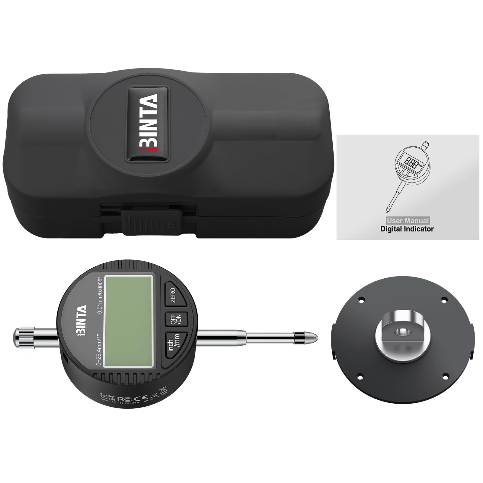 BINTA Indicateur Numérique à Cadran 1 Pouce/0,0005 Pouce, DTI Comparateur 0.01/0.0005'' Écran LCD Alliage de Zinc avec Couvercle Arrière pour Applications Industrielles, Mécaniques, 3D et