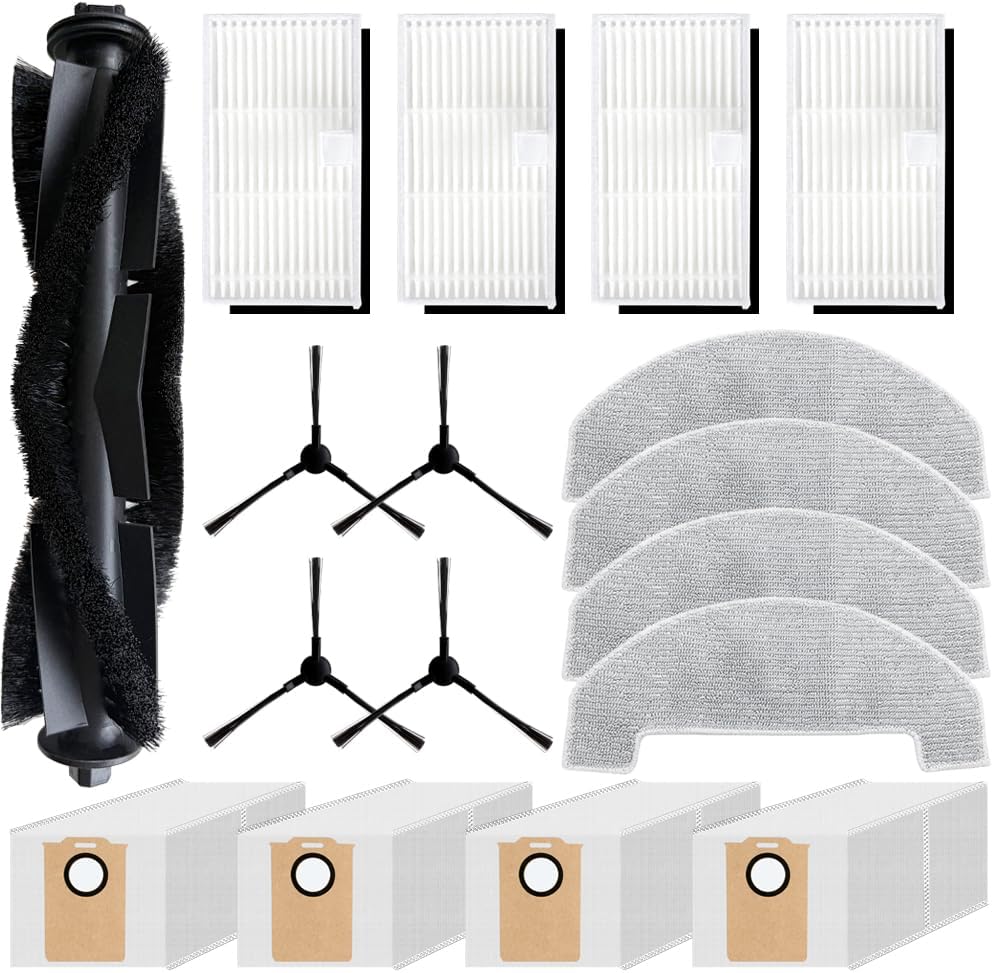 Replacement Parts Accessories Compatible with MONSGA MS1 MAX Robot Vacuum Cleaner, Including 1 Main Brush, 4 Hepa Filters, 4 Mop Pads, 4 Edge-Sweeping Brushes, 4 Dust Bag