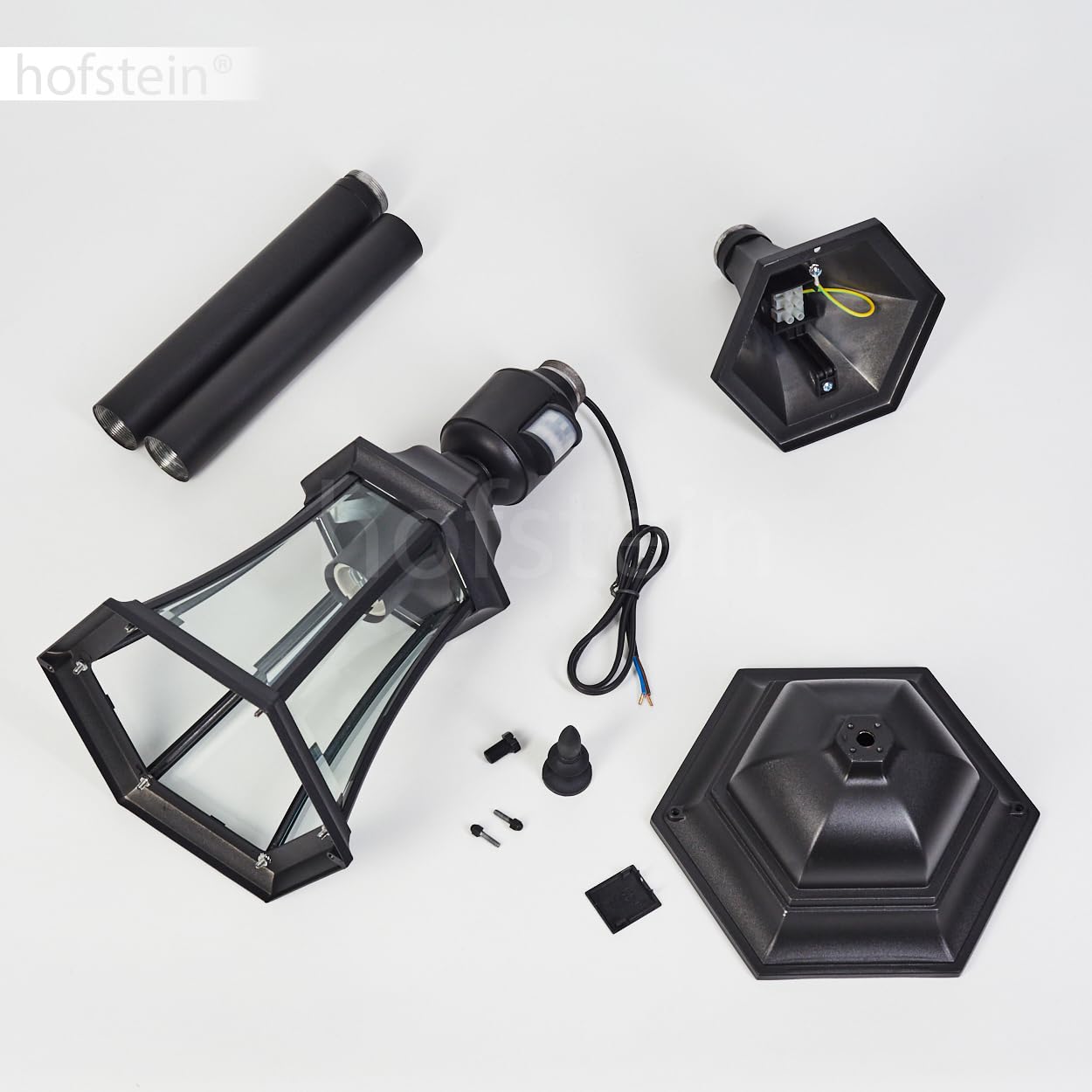 HOFSTEIN Etoe lampa drogowa zewnętrzna z czujnikiem ruchu z metalu/szkła w kolorze czarnym/przezroczystym, lampa zewnętrzna o wyglądzie antycznym, wysokość 116 cm, oświetlenie ogrodowe IP44, 1 x E27,