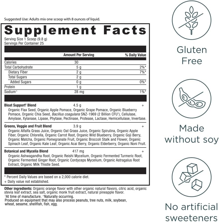 Ancient Nutrition Organic SuperGreens Bloat Relief, Digestive Enzymes, Prebiotic Fiber & Probiotics, Supports Bloat Relief & Digestive Health, 25 Superfoods, Pineapple Orange, 25 Servings - Image 2