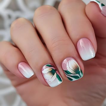 Short Press on Nails Square Fake Nails with White Lotus Green Leaves Designs Glossy Nails Press ons Pink Gradient Glue on Nails Summer Acrylic Artificial Stick on Nails for Women 24Pcs