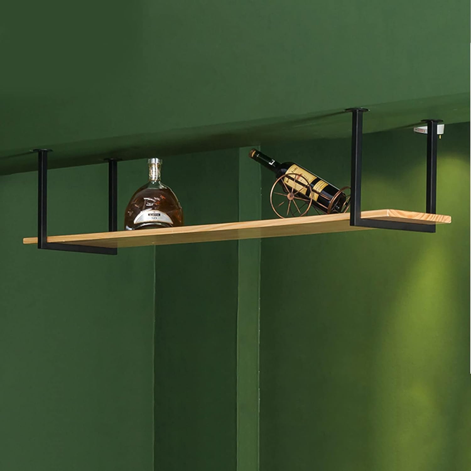 Ceiling Hanging Bar Unit Solid Wood Wrought Iron Ceiling Rack, Hanging Wine Rack, Suspended Storage Holder/Flower Stand and Shelves