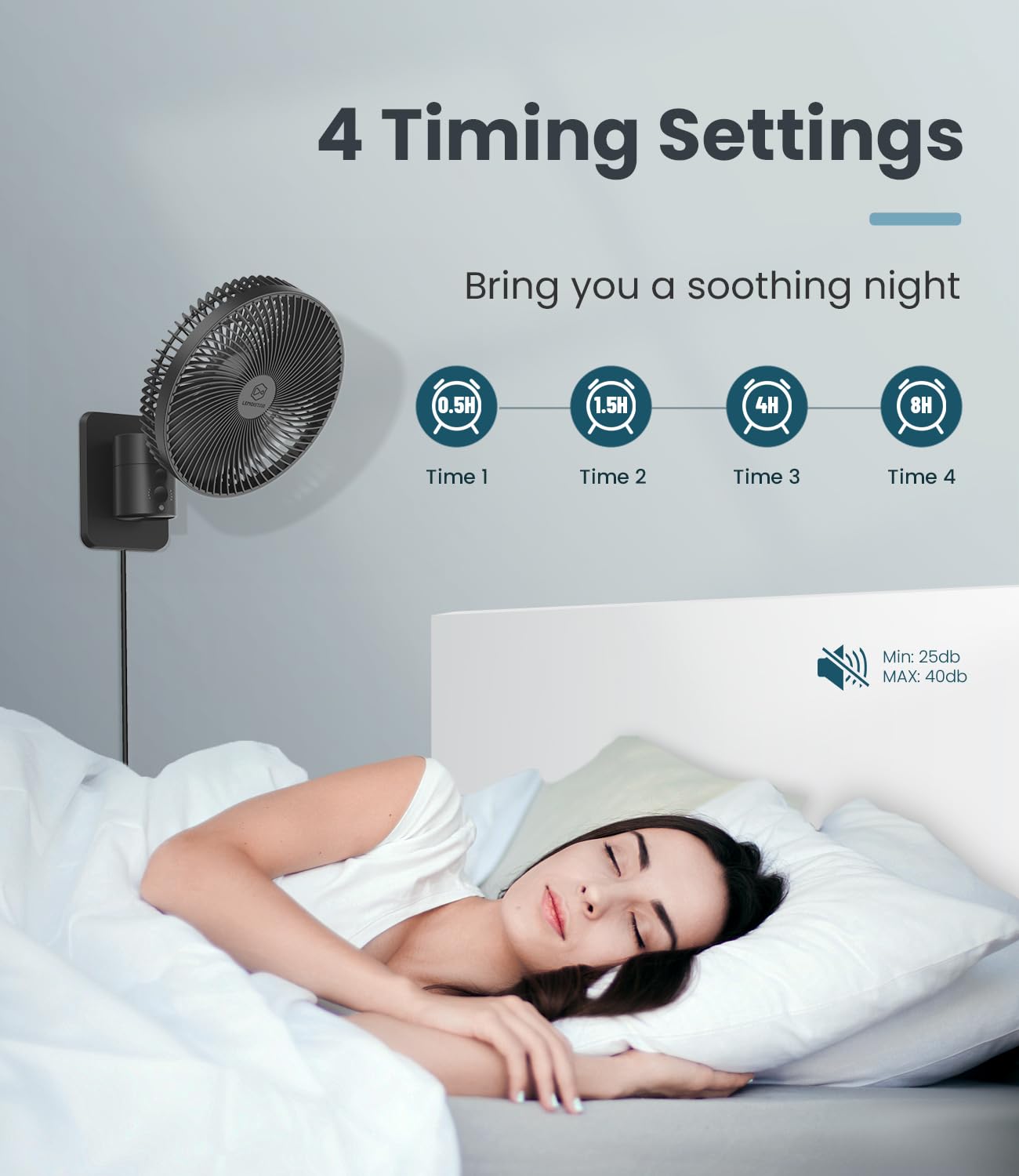 LEMOISTAR - Ventilador pequeño de 8 pulgadas con control remoto, oscilación de 90°, 4 velocidades, 4 temporizadores, inclinación ajustable, cable de 70 pulgadas, silencioso, para recámara en esquina