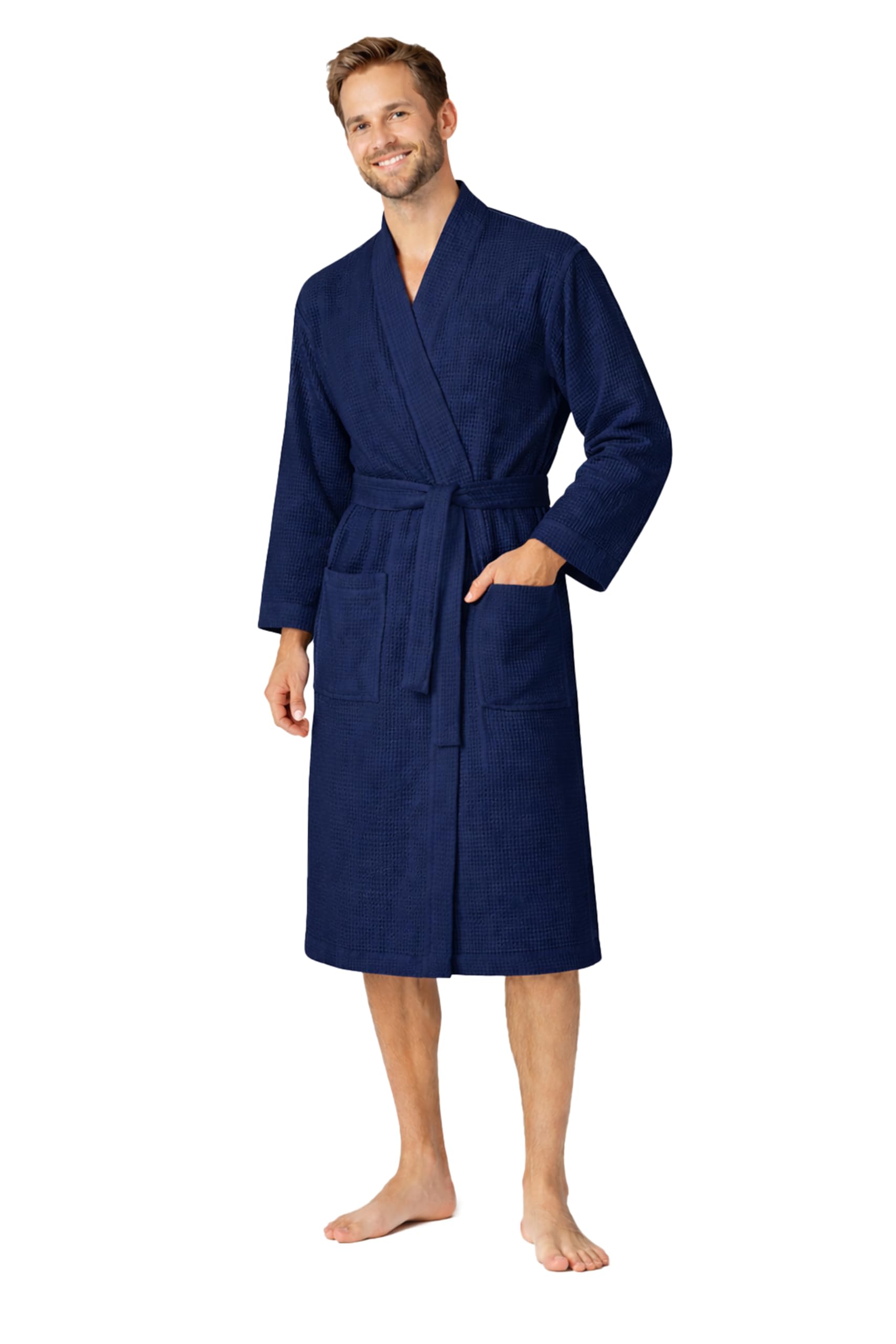 Turkish Linen Men’s Waffle Bathrobe Lightweight Kimono Spa Robe – Quick Dry Bath & Shower Robe for Men with Pockets
