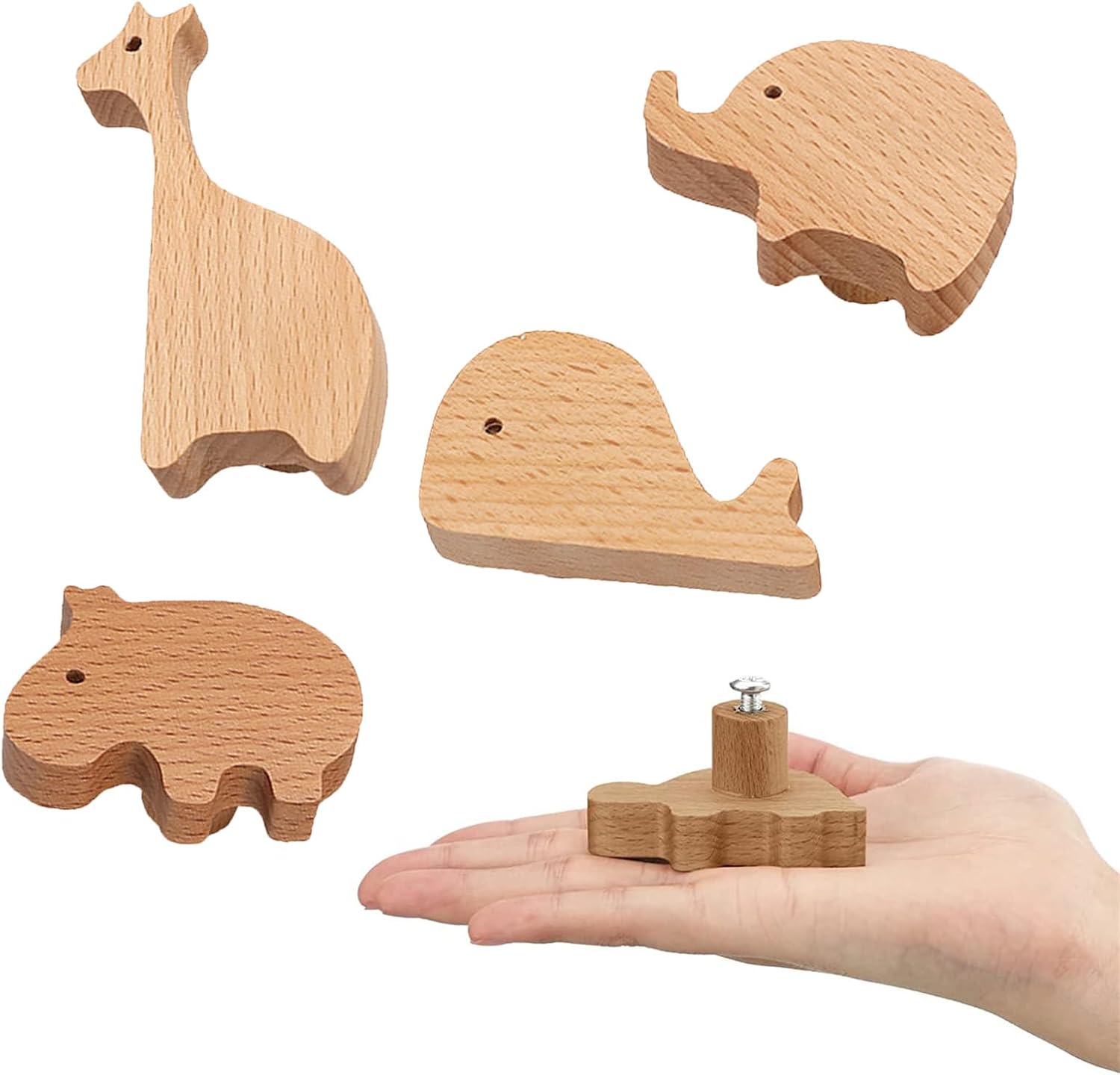 Modern Woodland Animal Wooden Cabinet Knobs – 6 Piece Solid Wood Animal Drawer Pulls for Kids Bedroom, Nursery Furniture, Dresser, Wardrobe – Natural Walnut & Beech Finish