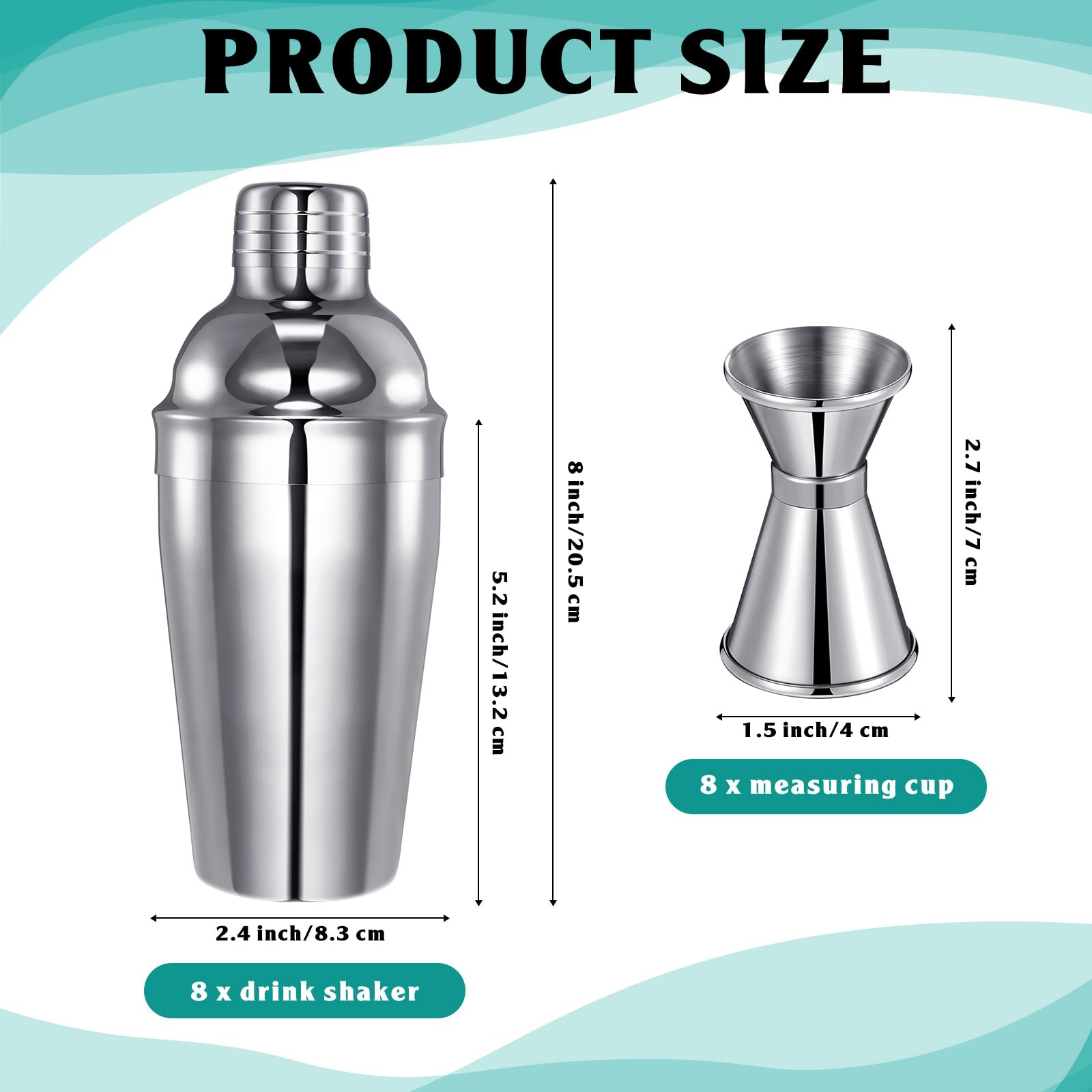 Umigy 8 paquetes de 4 paquetes de coctelera, coctelera de martini, mezclador de martini de acero inoxidable a granel con colador y medidor doble para bar, fiesta, uso doméstico, herramienta de mezcla