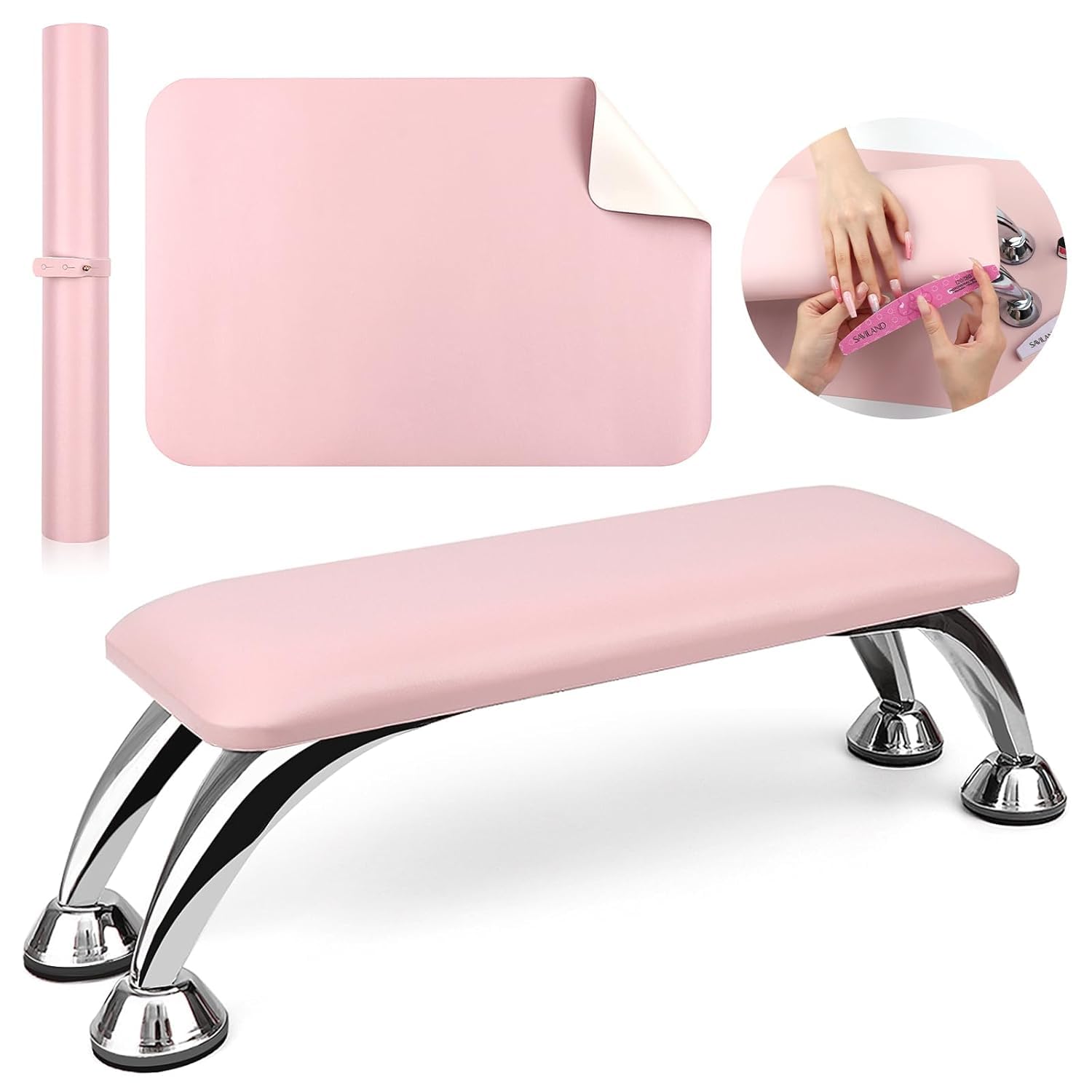 Store2508 Professional Arm Rest for Nail Art with Mat. Faux Leather Nail Hand Rest for Acrylic Nails Soft Sponge Cushion Hand Holder & Non-Slip Nail Table Mat Nail Stuff for Nail Technician Use (Pink)-image-8