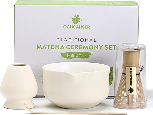Juego de té japonés, incluye cuenco de matcha con boquilla, soporte para batidor de matcha (chasen), batidor de bambú y cuchara de bambú, kit de