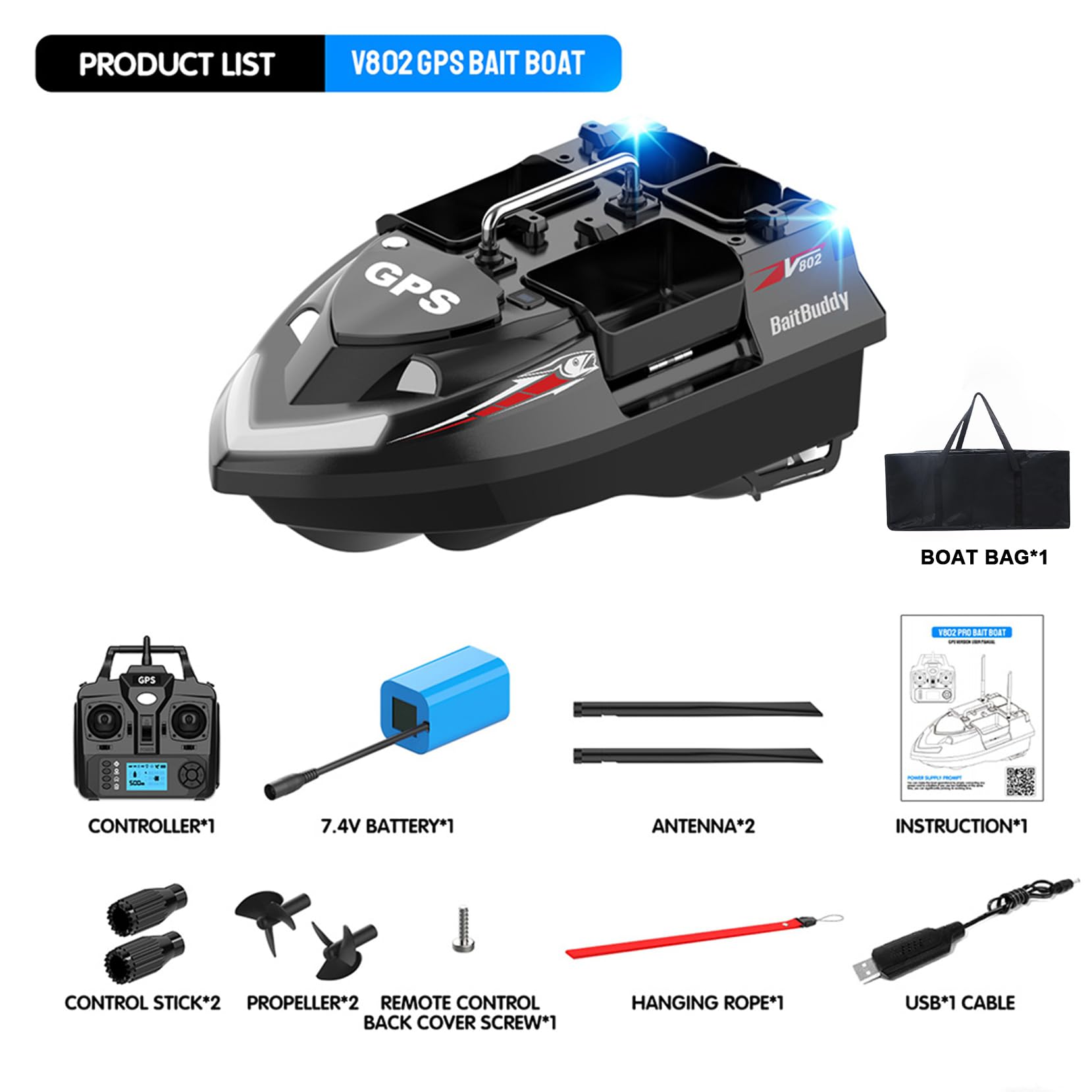 GPS Smart RC łódź z przynętą do połowu ryb, Auto Cruise Dual Antenna, 4 Hoppers, duża pojemność, lampka nocna LED (czarna, 12000 mAh)