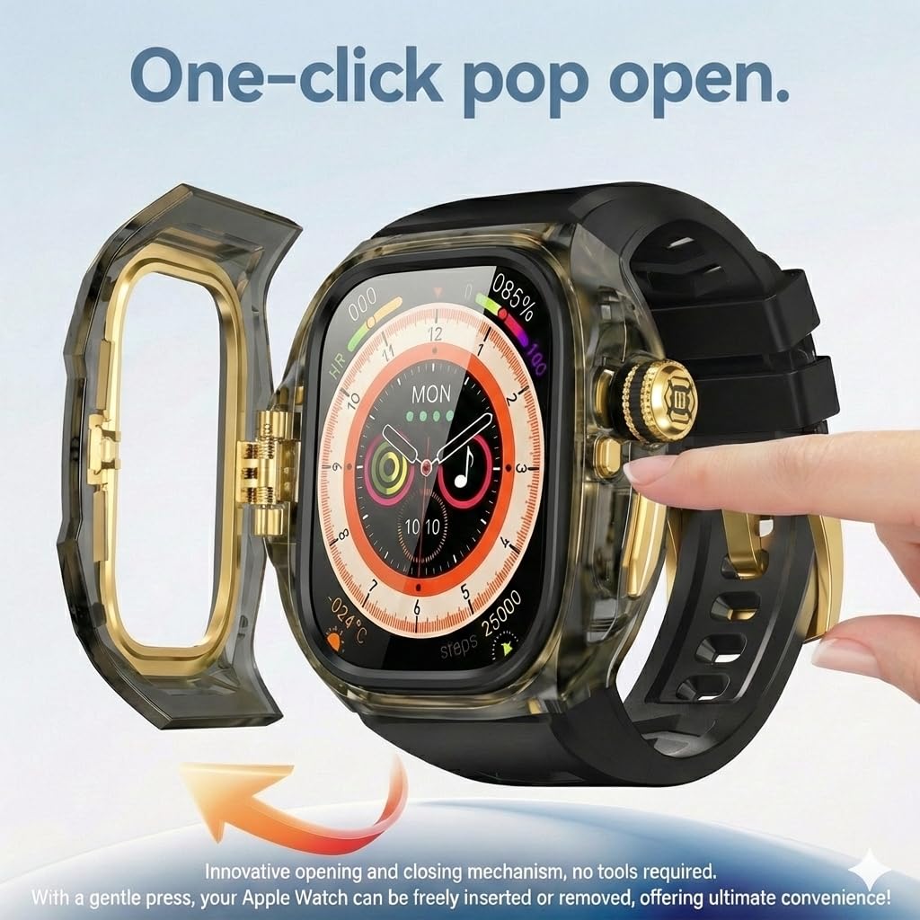 Wytrzymałe etui z paskiem kompatybilne z Apple Watch Ultra 3/2/1 49 mm, [Obsługiwana funkcja EKG] Metalowa osłona ochronna zderzaka z mechanizmem zatrzaskowym jednym kliknięciem, pasek