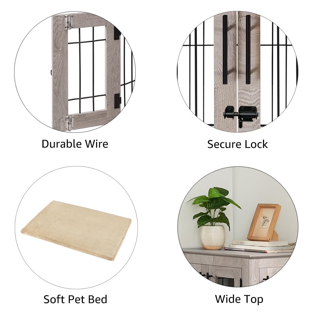 beeNbkks Furniture Style Dog Crate End Table, Double Doors Wooden Wire Dog Kennel with Pet Bed, Decorative Pet Crate Dog House Indoor Medium Large - image 6