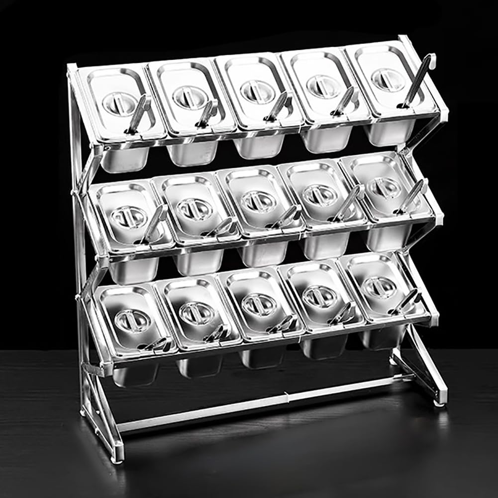 GTHTUHFD Expandable Spice Rack Organizer, Stainless Steel Countertop Food Dispenser With Lid And Spoon, Kitchen Food Storage Container, Commercial Condiment Rack Set,15 Grid,15 Grid