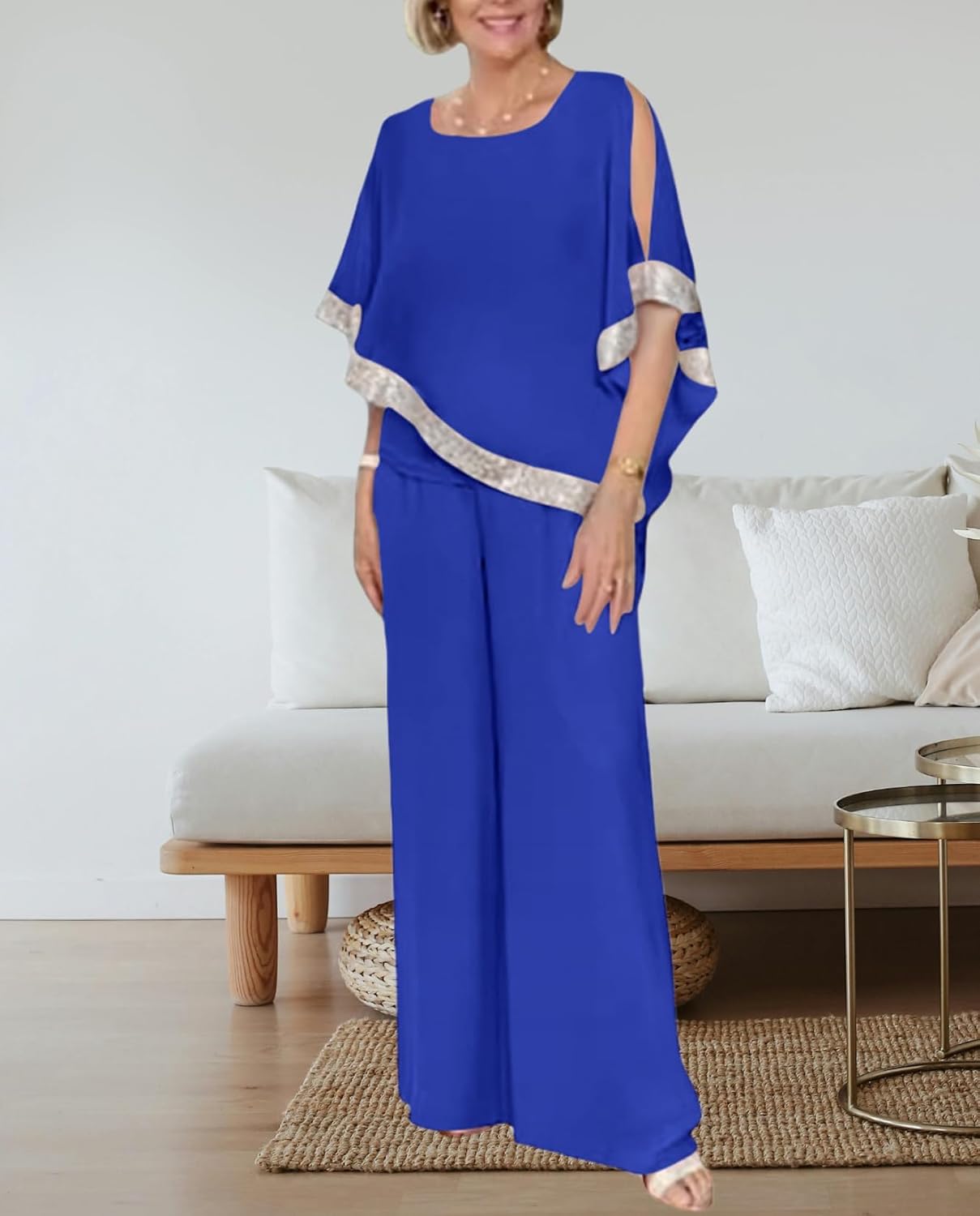 Chiffon 2 Piece Pant Suits for Womens Long Pant Batwing Sleeve Elegant Pantsuit Mother of Bride Sets Outfits