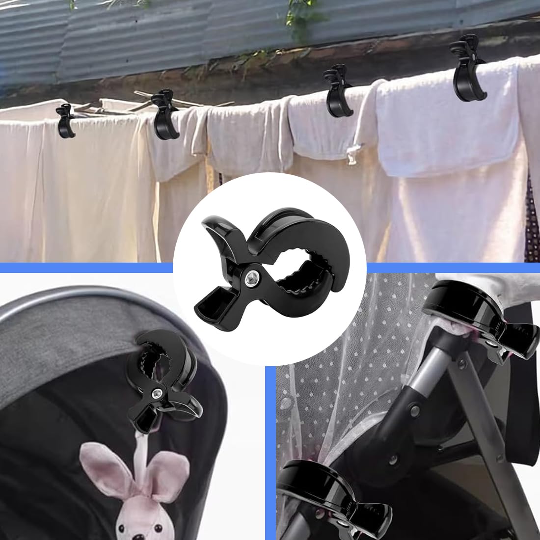 SGERUFZ 4Pcs Attache Poussette Universel pour Fixation de Couvertures, Vêtements, Jouets, Accessoires de Poussette (Noir)