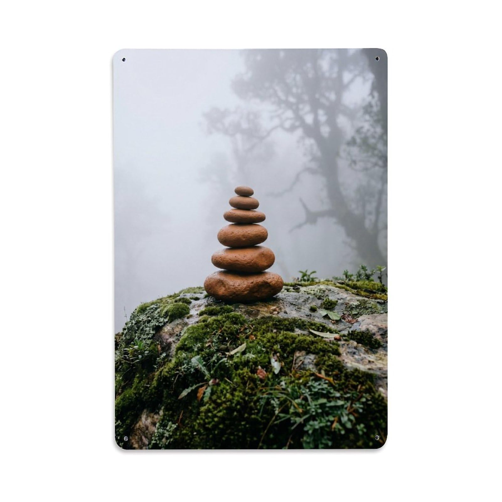 Foggy Forest Pebble Cairn Serenity Calm Zen Meditation Design Metal Tin Sign Plaque Wall Decor for Cafe, Man Cave, Club Bar, Office, Home Garden Round Metal Poster 8x12Inch