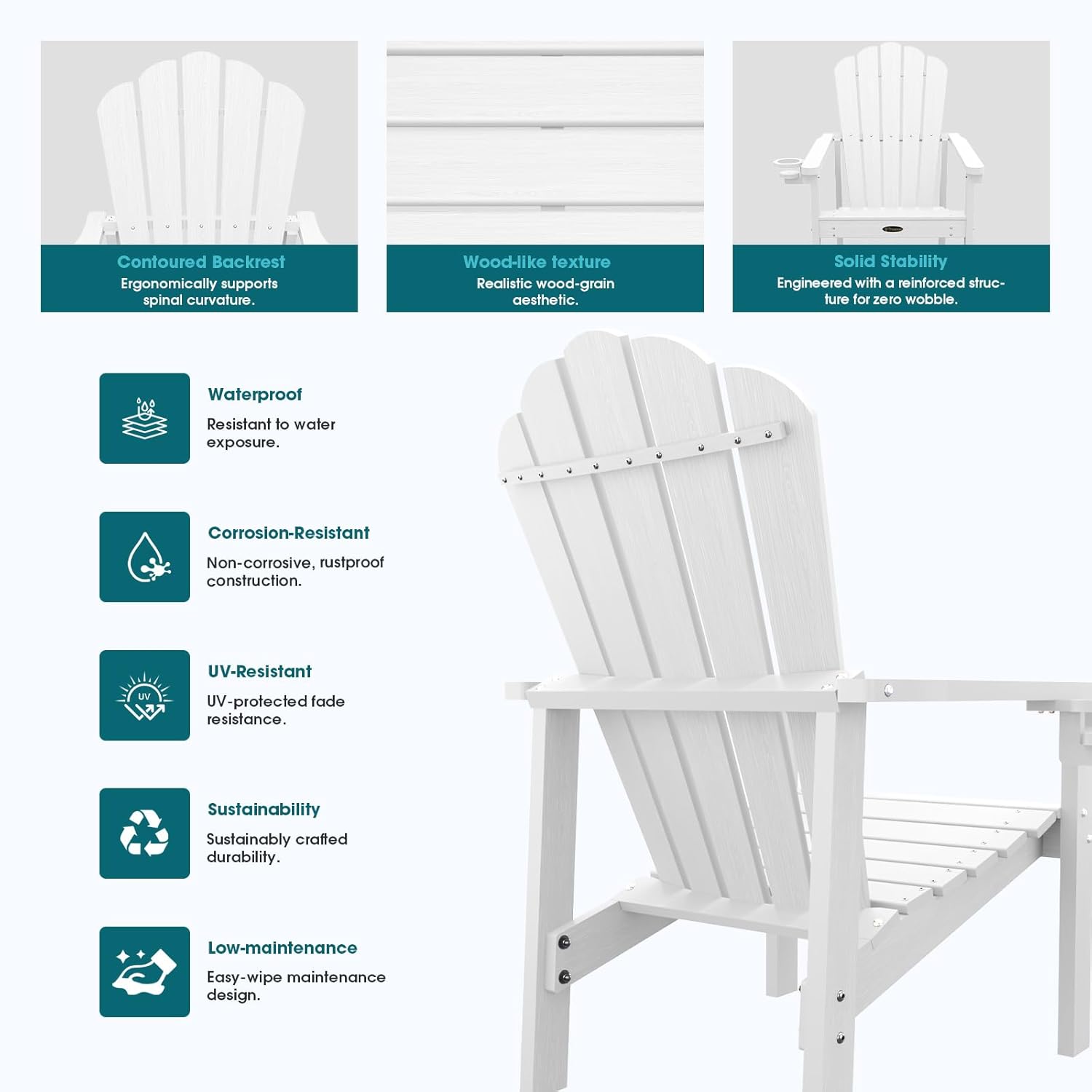 THOEOE Stackable Adirondack Chair Set of 4, HDPE All-Weather Adirondack Chairs - Durable and Space Saving, Plastic Outdoor Fire Pit Chairs with Cup Holder,White