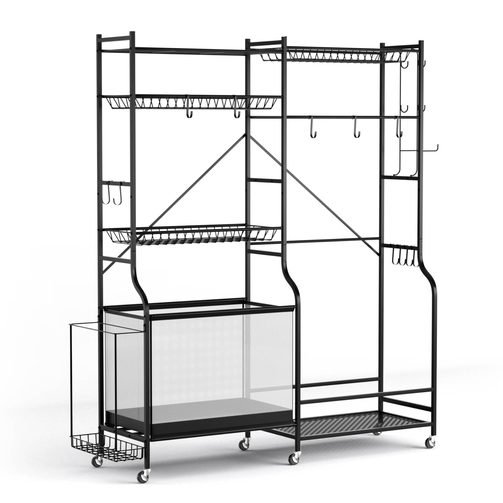 SPOTRAVEL Garage Sports Equipment Organizer, Metal Ball Storage Rack with Wheels, Basket, 5 Adjustable Shelves & 13 Hooks, Extra Large Rolling Sports Gear Storage Cart for School Gym Playground