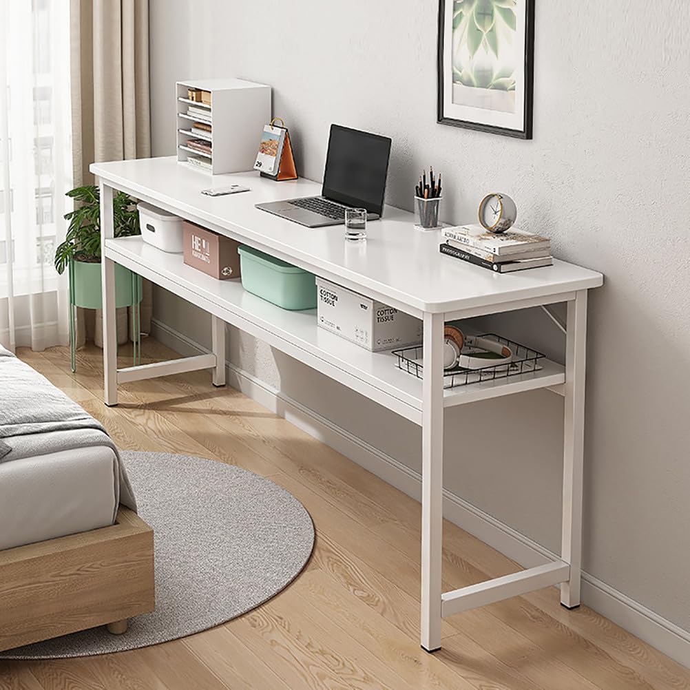 Escritorio doble largo para oficina en casa con estantería, escritorio de madera moderno para dos personas, escritorio de oficina estable