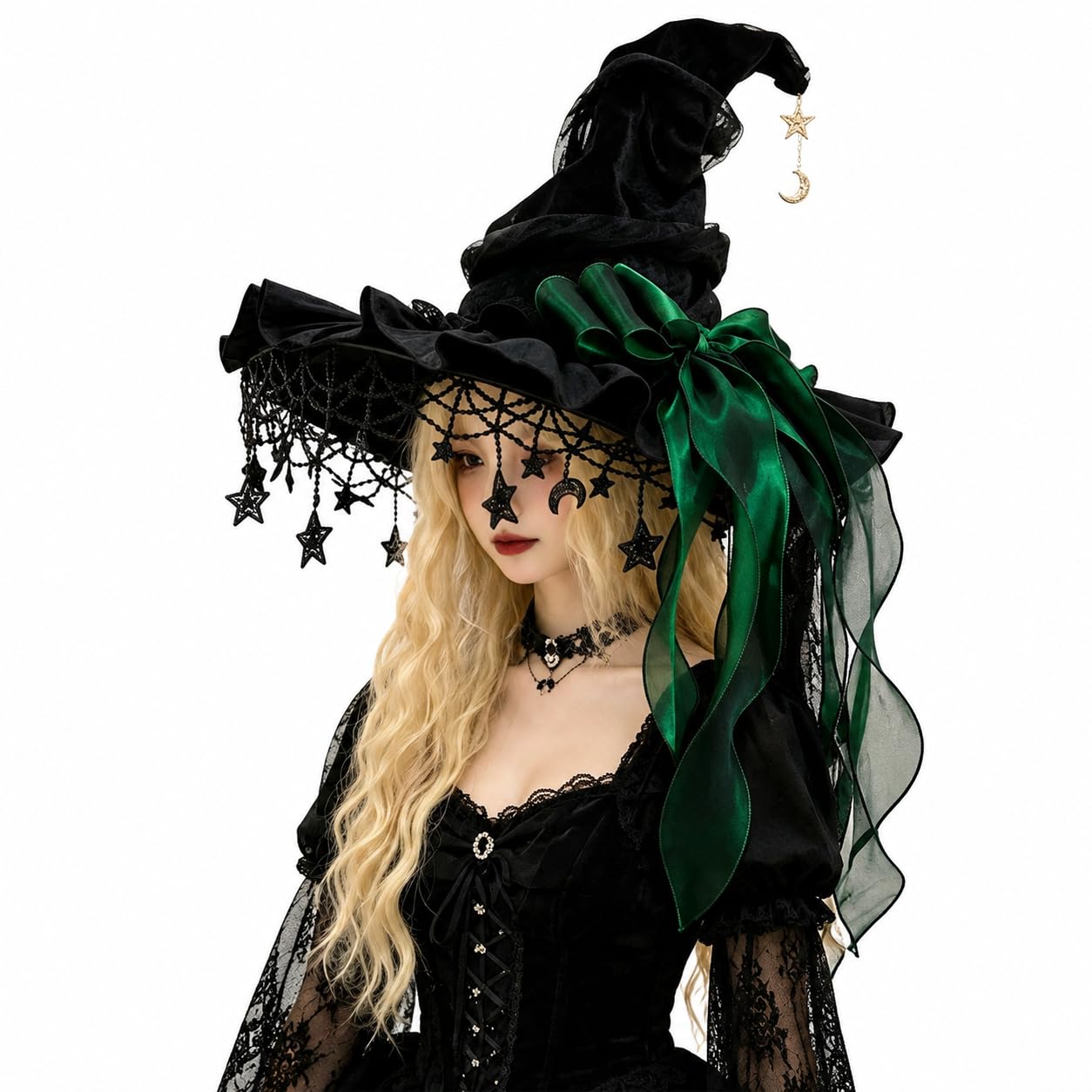 Gothic Pointed Witch Hat Star Moon Pendants Multi‑Layer Ribbons for Cosplay