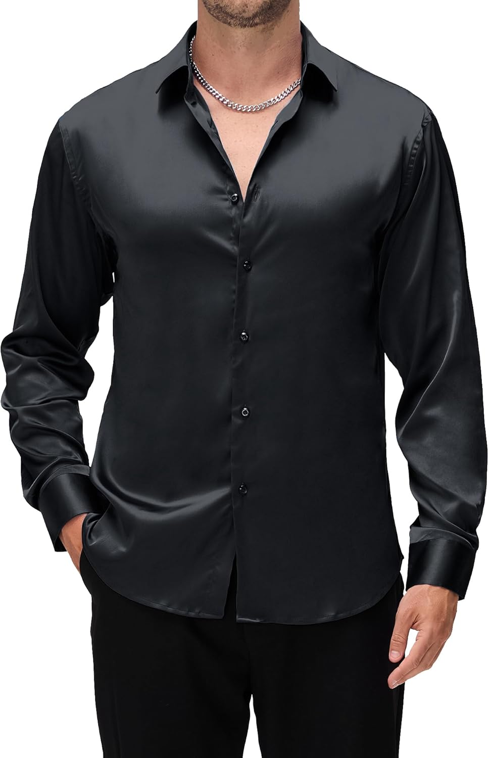 Damipow Satin Silk Mens Dress Shirts Long Sleeve Button Up Shirt Wedding Party Prom Shirt