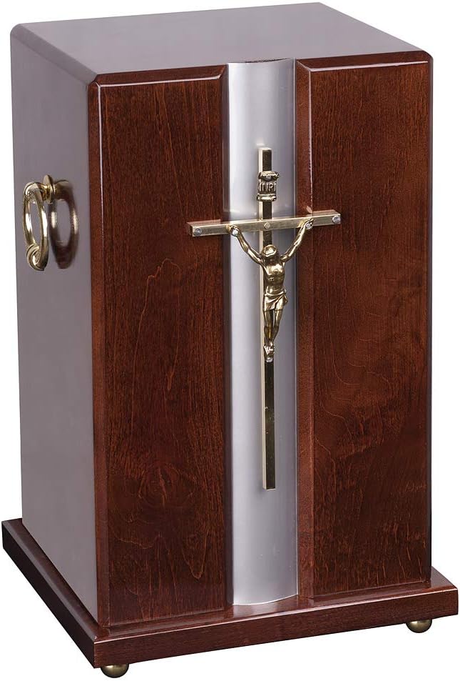 Remember Forever Beautiful Adult cremation casket urn for ashes Catholic Wooden Urn with Cross, Personalised Urn with Memorial Plaque (Dark Brown+Memorial Plaque)