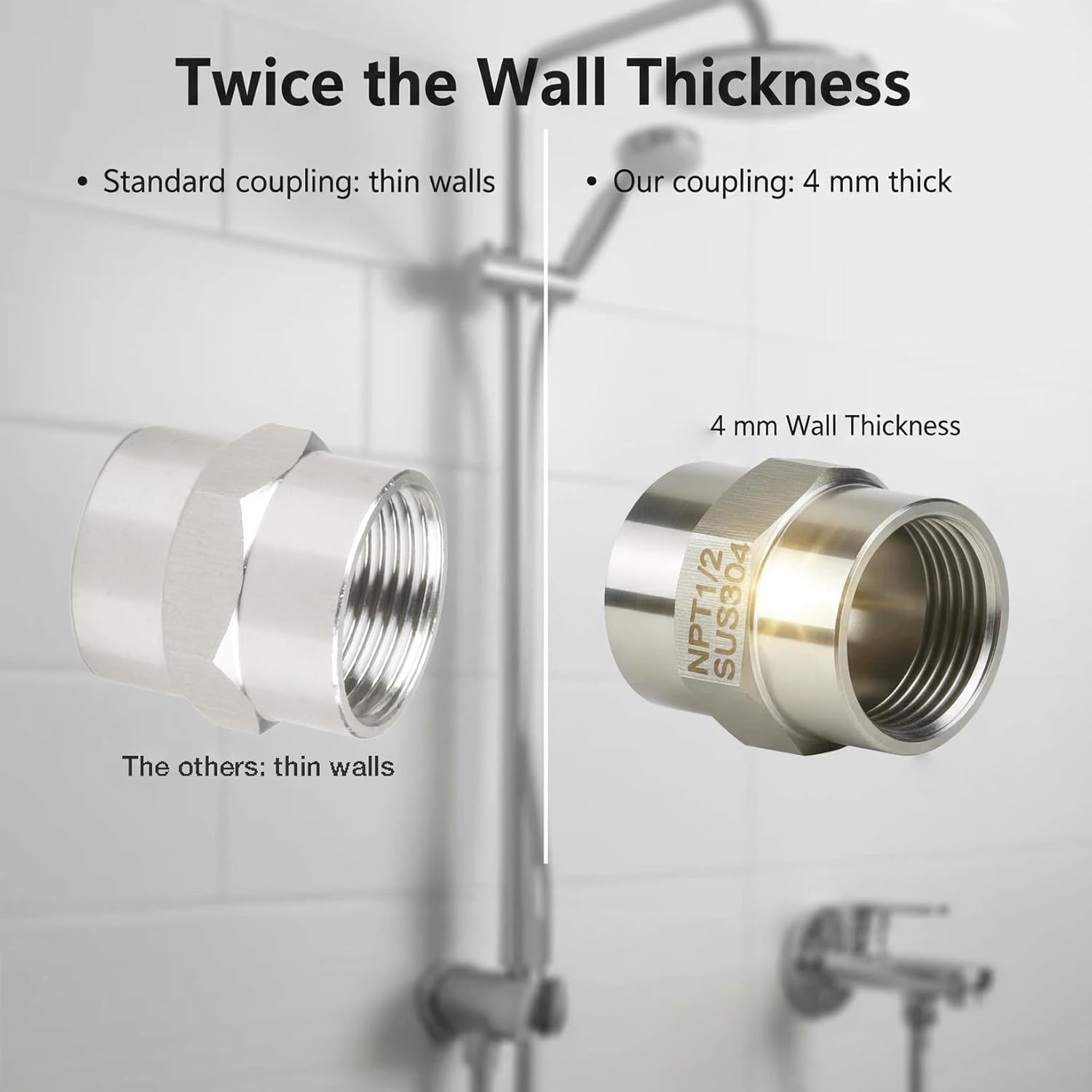 304 Stainless Steel Pipe Fitting, 1/2" NPT Female × 1/2" NPT Female Shower Head Coupling Adapter, Heavy Duty Rust-Proof Connector for Plumbing, Air Compressor, Water, and Gas Lines (1/2 NPT)