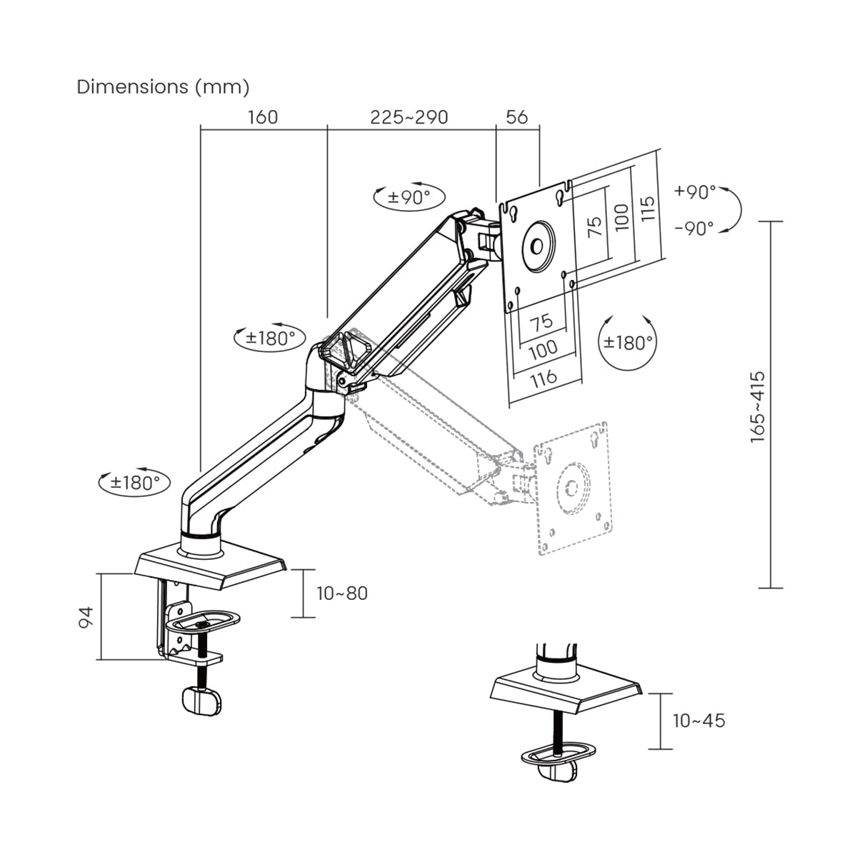 ProperAV Soporte articulado para Monitor de Escritorio con Brazo oscilante de 17 Pulgadas, 19 Pulgadas, 21 Pulgadas, 22 Pulgadas, 23 Pulgadas, 24 Pulgadas, 27 Pulgadas, 32 Pulgadas, VESA MAX 100 x