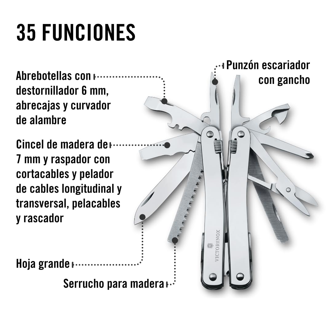 Victorinox Herramienta multifunción Swiss Tool Spirit X Plus, 35 funciones, Hecha en Suiza, multiherramienta con hoja bloqueable, incl. estuche de piel, color plata