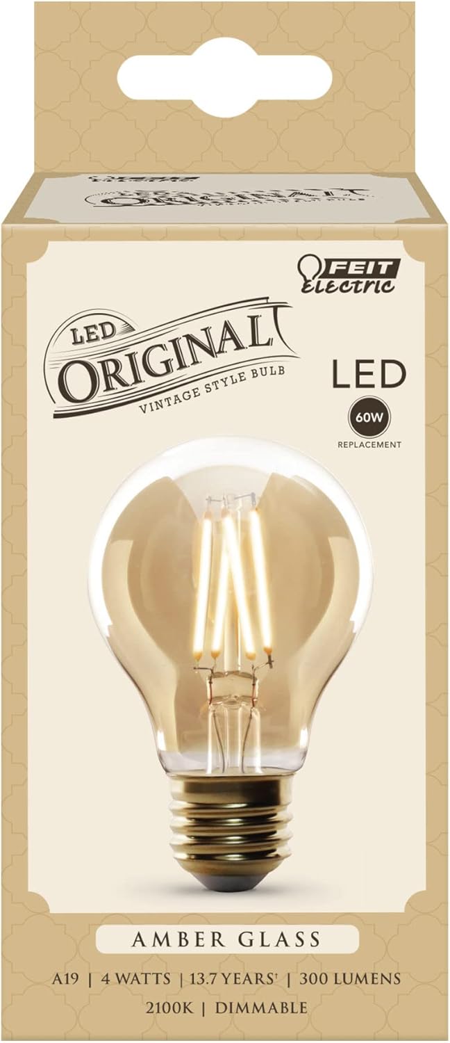 Feit Electric Vintage Exposed Filament Smoke Glass LED AT19 with a Medium E26 Base Light Bulb - 60W Equivalent - 10 Year Life - 300 Lumen - 5000K Daylight - Dimmable | Original Vintage