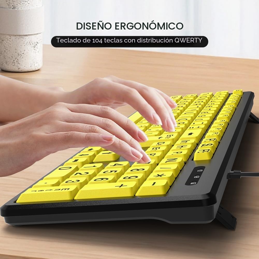 Teclado USB de Gran Fuente, Diseño Prueba, Rápido y Silencioso, Teclas Amarillas, Alto Contraste para Ancianos y con Discapacidad Visual