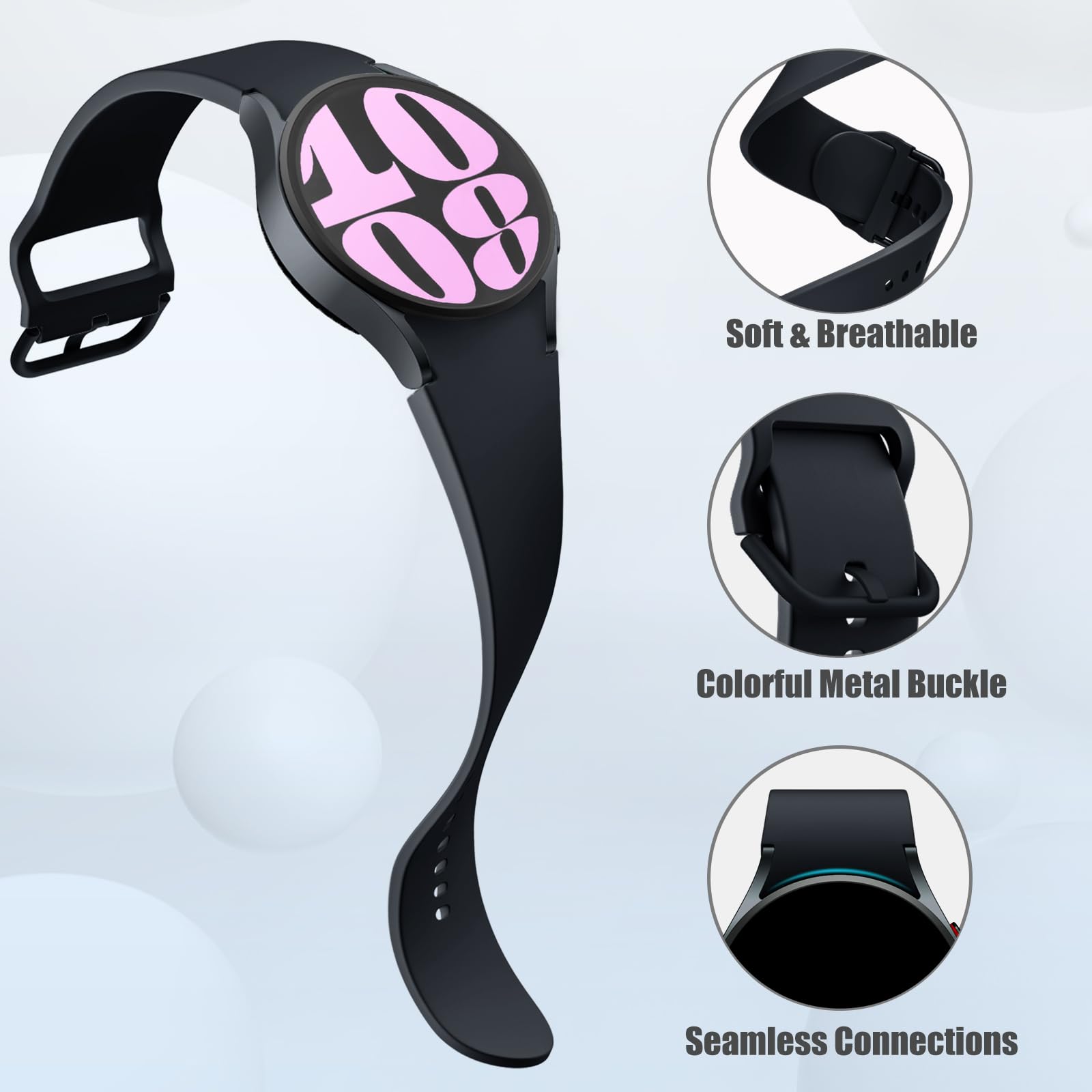 Maledan No Gap Bands Compatible with Samsung Galaxy Watch 4 5 6 7 FE Band 40mm 44mm Women Men, 20mm Soft Silicone Wrist Bands Replacement Bracelet for Galaxy Watch 5 Pro/6 Classic/4 Classic, Black