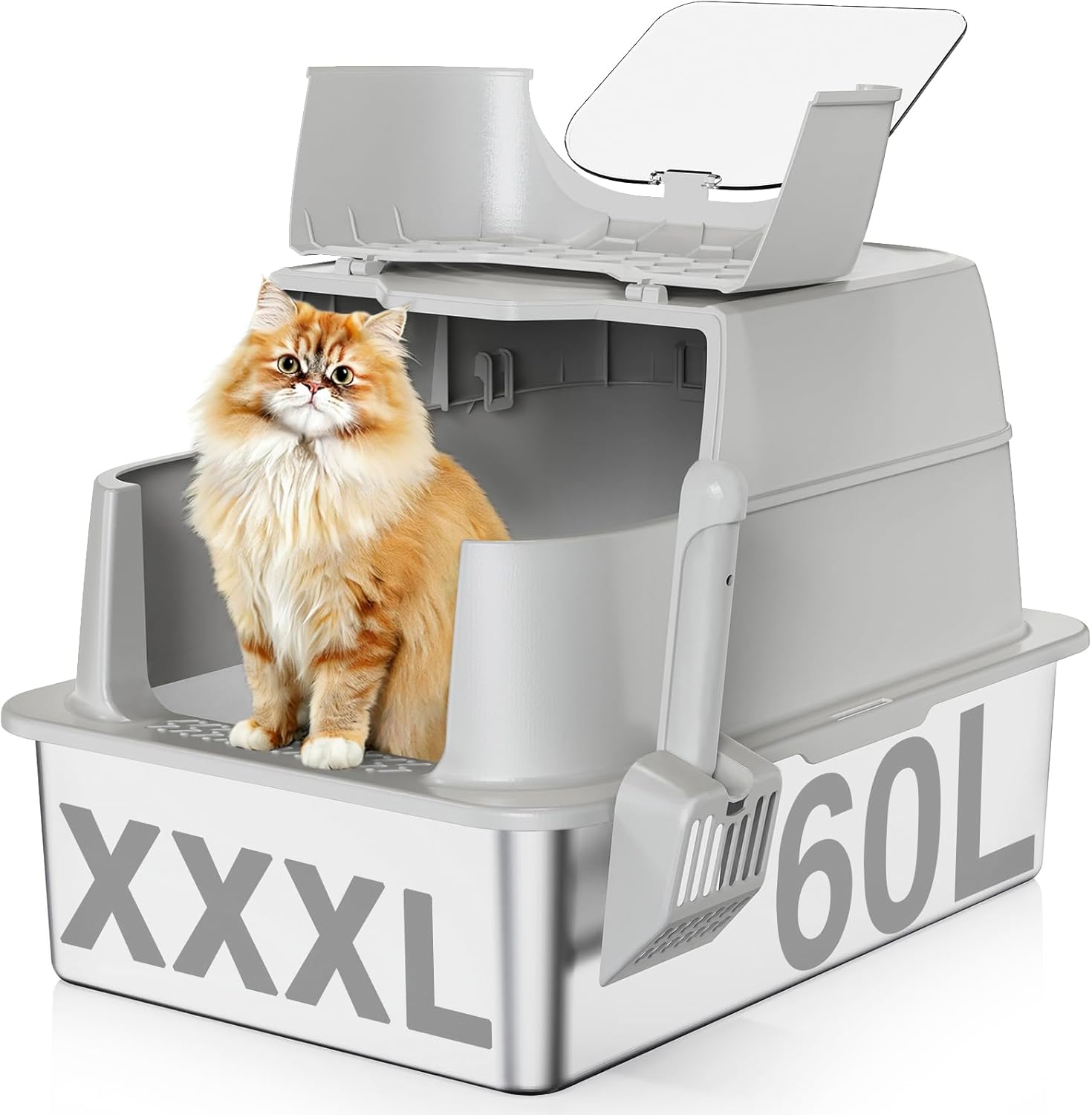 Stainless Steel Cat Litter Box with Lid, 180° Flip-Top XXXL Extra Large Enclosed Litter Box, 26" L x 18" W x 17" H Metal Litter Box with Hight Sides for Big Cats & Multiple Cats-Light Gray