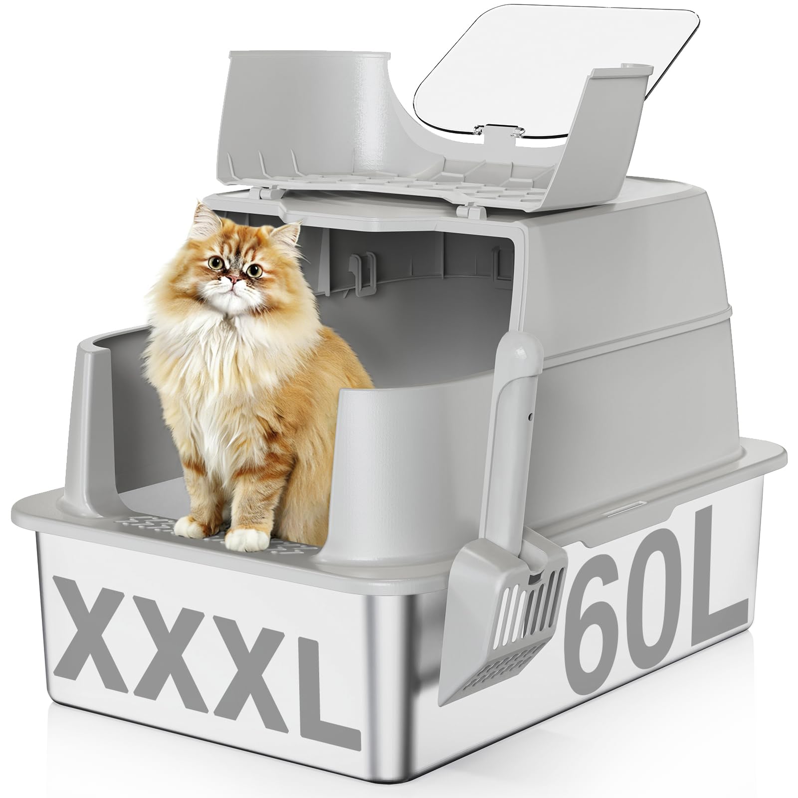 Stainless Steel Cat Litter Box with Lid, 180° Flip-Top XXXL Extra Large Enclosed Litter Box, 26" L x 18" W x 17" H Metal Litter Box with Hight Sides for Big Cats & Multiple Cats-Light Gray