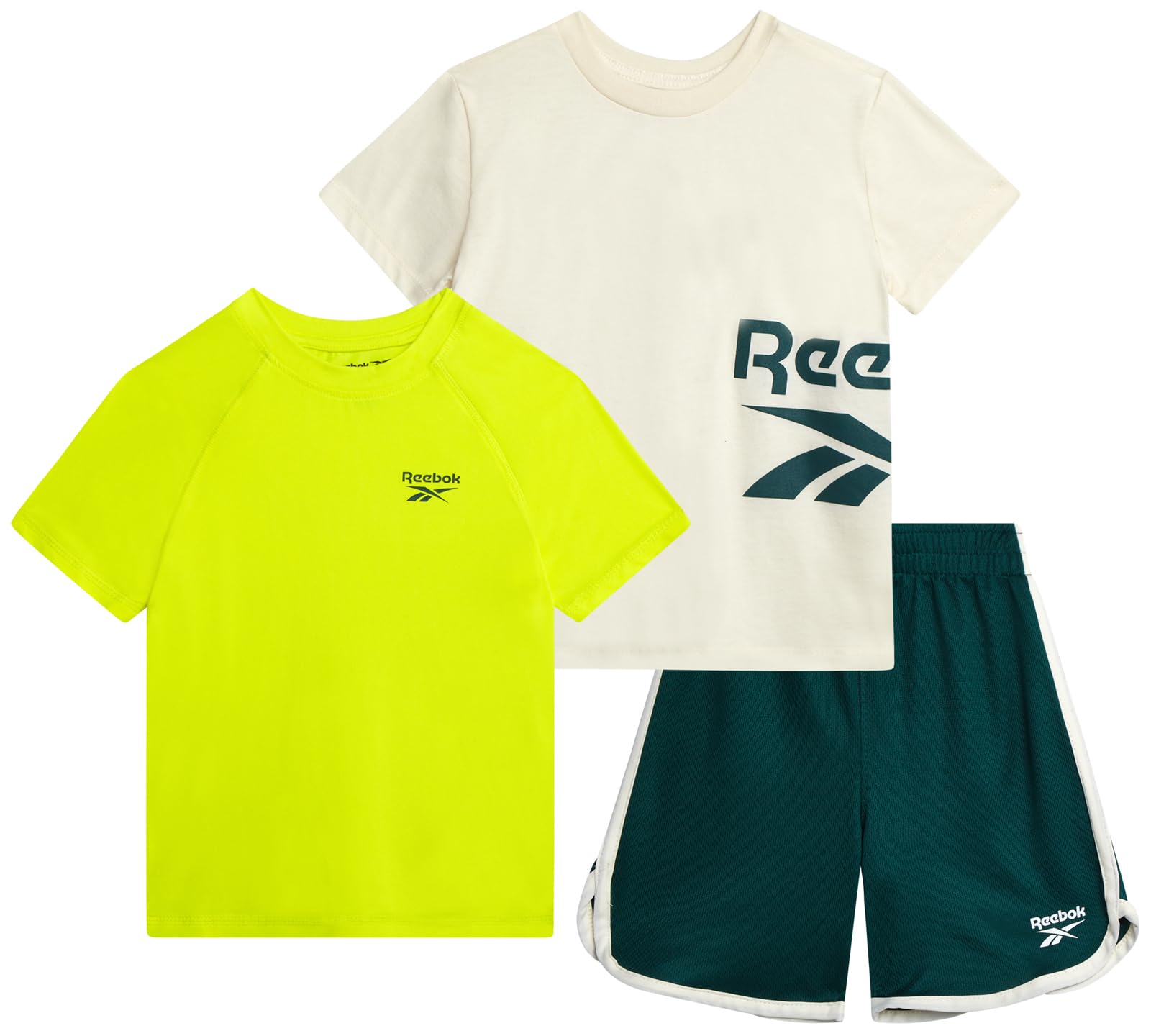 Reebok Set di pantaloncini da bambino, 3 pezzi, vestito estivo con 2 magliette e pantaloncini, abbigliamento sportivo per bambini e bambini piccoli
