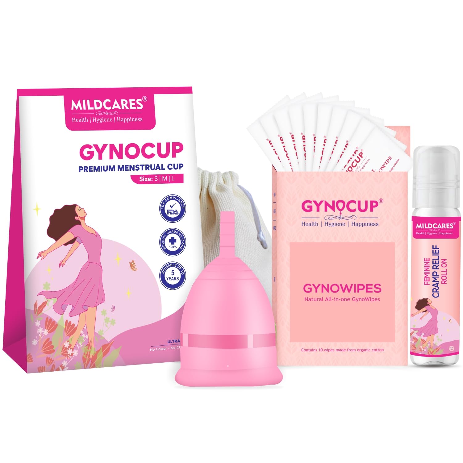 GynoCup Reusable Menstrual Cup for Women | with Pouch, Ultra Soft, Odor and Rash Free, No Leakage, Protection for Up to 10-12 Hours, FDA Approved Menstrual Cup (Pink Medium)