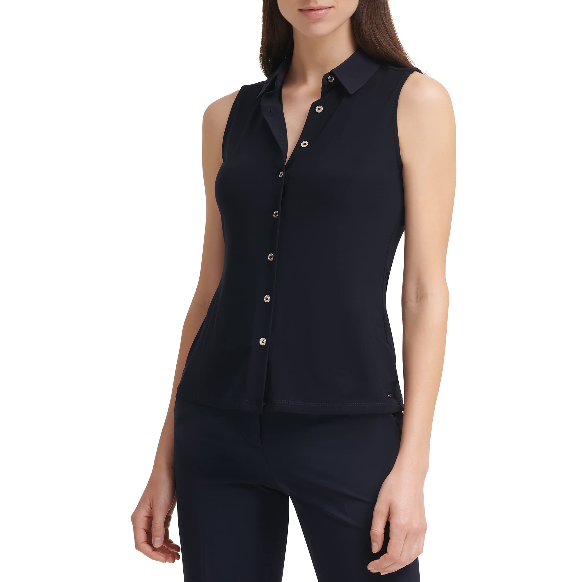 Tommy Hilfiger Top de punto sin mangas con cuello clásico y botones frontales para mujer